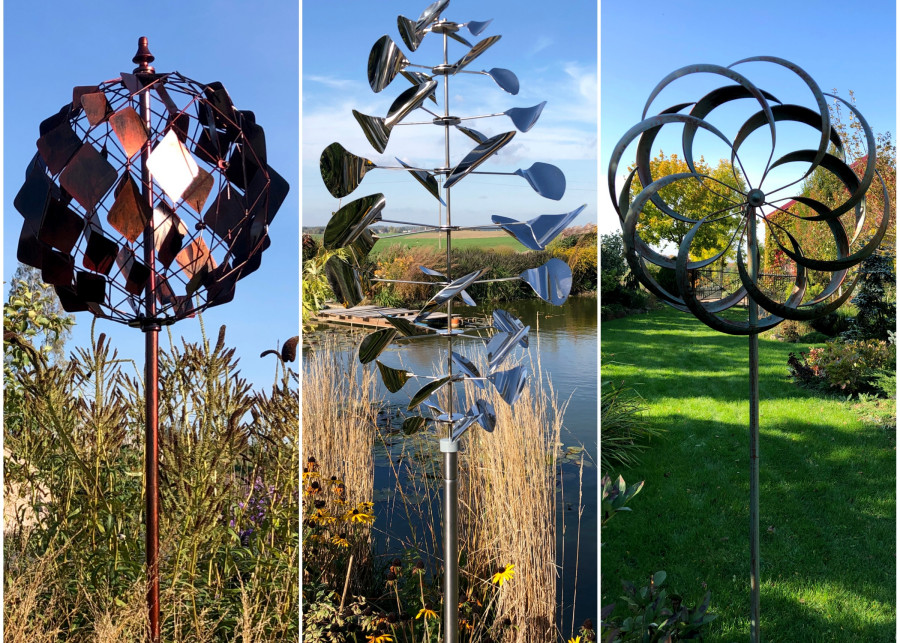 rzeźby wiatrowe kinetyczne w ogrodzie na tle roślin od Aurora garden